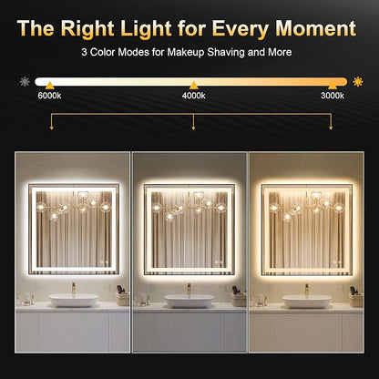 LED Bathroom Mirror with Light, 30x30 Vanity Mirror for Wall with Frame | Anti-Fog, Dimmable 3 Colors, Memory Function, Backlit and Front Lit, Shatter-Proof Glass, Plug-in/Hardwired