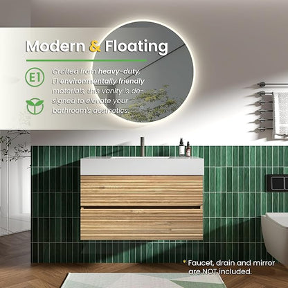 36 Inch Floating Bathroom Vanity with Sink, Modern Floating Bathroom Cabinet with 2 Soft-Closing Drawers, Large Storage for Powder Room, Apartment, Hotel, Rough Oak Finish, Fir Collection