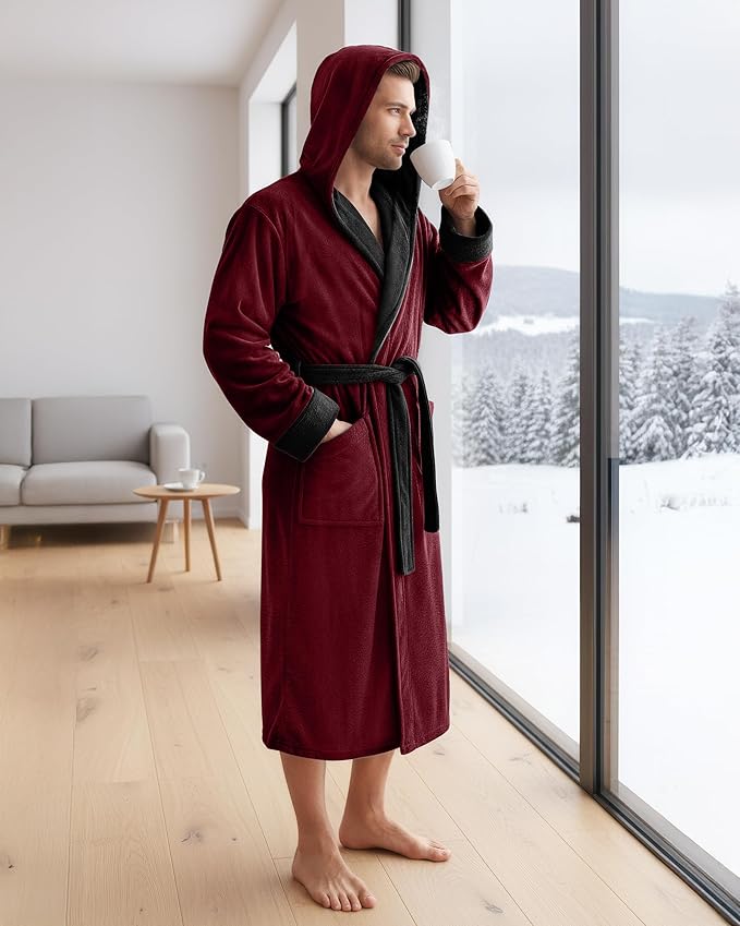 NY Threads Mens Robe with Hood, Luxury Plush Fleece Hooded Mens Bathrobe, Spa Bath Robe for Men