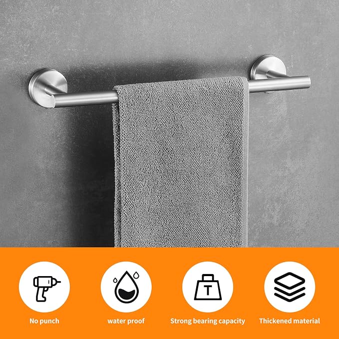 Brushed Nickel Bathroom Hardware Set, 24 Inch Towel Bar Set 10 Pieces Bathroom Accessories Set Includes Includes 2 Packs 24 Inch Towel Bar, Towel Ring, Toilet Holder and 4 Packs Towel Hooks