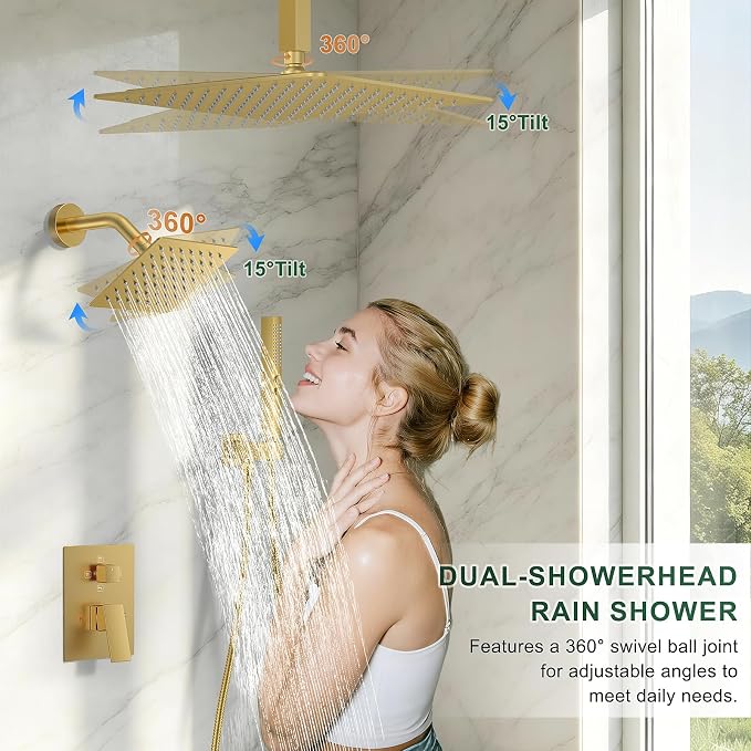 Rain Shower System with Rough-in Valve, Ceiling Mount Shower Faucet Set with 12" & 6" Dual Rain Shower Heads, 2-in-1 Handheld Shower, Tub Spout, 4-Function Complete Shower Fixture,Brushed Gold