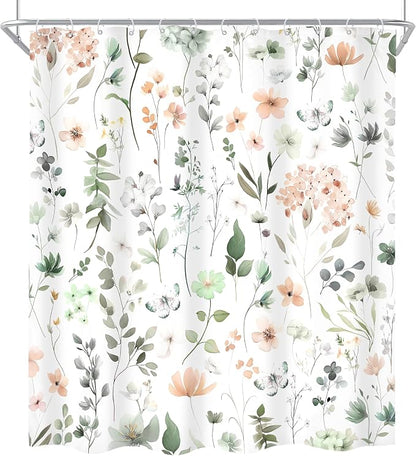 Cute Green Pink Floral Wildflower Watercolor Bathroom Shower Curtain Set | 60"W x 72"H Boho Butterfly; waterproof HD print, quick-dry fabric and plastic hooks for easy setup.