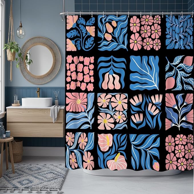 JAWO Pink Turquoise Shower Curtain for Bathroom, Retro Boho Floral Bathroom Curtain Decor, Vintage Abstract Botanical Geometric Groovy Aesthetic Pattern Shower Curtain Sets with 12 Hooks,70X70IN