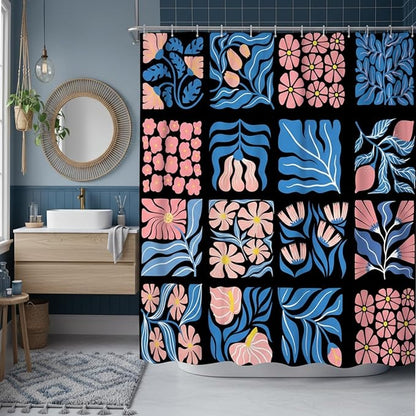 JAWO Pink Turquoise Shower Curtain for Bathroom, Retro Boho Floral Bathroom Curtain Decor, Vintage Abstract Botanical Geometric Groovy Aesthetic Pattern Shower Curtain Sets with 12 Hooks,70X70IN
