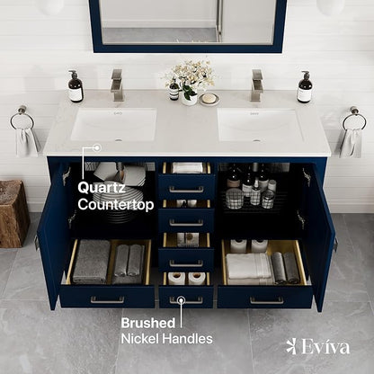 Eviva London 48 Inch Double Sink Vanity - Blue Double Vanity Sinks for Bathrooms - 48 Bathroom Vanity with Top and Sink - Freestanding 48 Vanity with Sink and Countertop Quartz - Porcelain Sink Combo