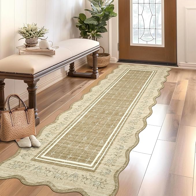 Garvee 2x6 Runner Rug Scalloped Kitchen Runner Rug Entryway Runners Camel | Washable Non Slip Modern Bordered Foldable Thin Accent Carpet Low Pile Soft Nursery Rugs for Hallway Bathroom Bedside Laundry