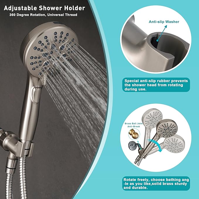 GwernKB Handheld Shower Head with ON OFF Switch & 79in Stainless Steel Hose | Built-in Power Spray,7-mode High Pressure Spray with Bracket & Extra No Drilling Shower Holder for Lower Mount,Brushed Nickel