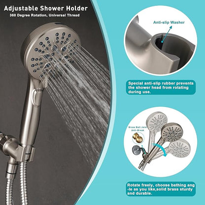 GwernKB Handheld Shower Head with ON OFF Switch & 79in Stainless Steel Hose | Built-in Power Spray,7-mode High Pressure Spray with Bracket & Extra No Drilling Shower Holder for Lower Mount,Brushed Nickel