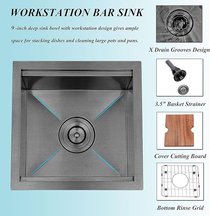 KINGO HOME Black Undermount Bar Sink, 15x15 Inch Stainless Steel Small Workstation RV Sinks 16 Gauge Ledge Kitchen Gunmetal Black Single Bowl Kitchen Wet Bar Prep Sink with Accessories
