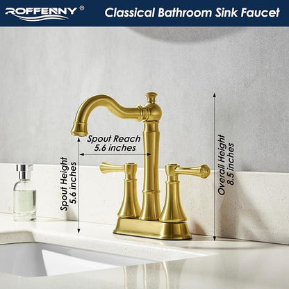 Brushed Gold 4 Inch Centerset Bathroom Faucets for 2/3 Holes Sink | Includes Plastic Pop-Up Drain & Two 23.6" Supply Lines, Classic 4" Center Set Lavatory & Bath Vanity Sink Faucet, Brass Spout