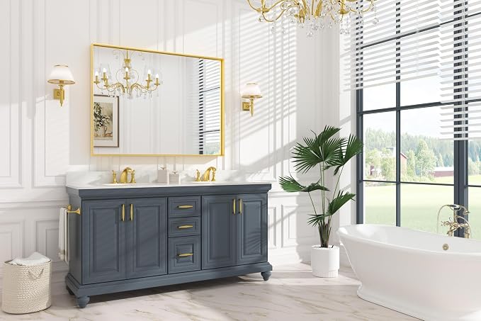 Keonjinn 48x36 Inch Gold Bathroom Mirror for Over Sink, Rectangular | HD Tempered Glass, Vanity Mirror, Brushed Framed, Square Corner, Modern Farmhouse, Wall Mounted Mirrors, Aluminum Alloy