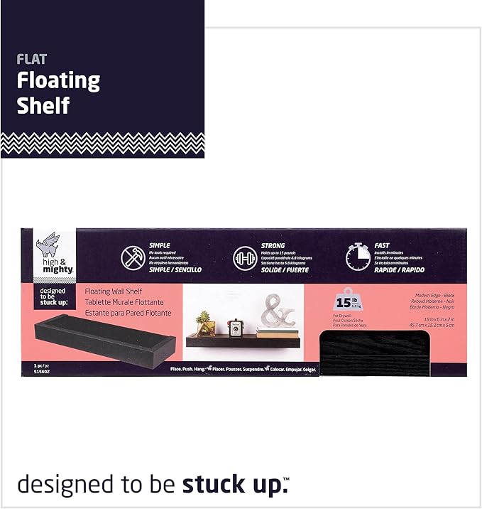 HIGH & MIGHTY 515602 Modern 18" Floating Shelf Holds up to 15lbs, Easy Tool-Free Dry Wall Installation, Flat, Retail Packaging, Black