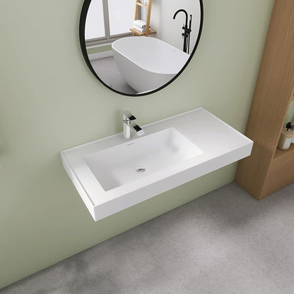 SJ Star&Jane 42" x 18" in Solid Surface Bathroom Sink, Wall-Mount Vessel Sink, Rectangle Floating Vanity Sink in Matte White, Durable Modern Design