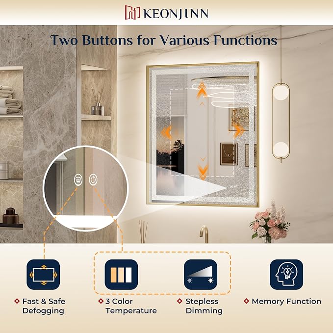 Keonjinn 24x32 Inch Gold LED Bathroom Mirror with Lights, HD Tempered Glass | Frontlit & Backlit, Lighted Bathroom Mirror, Beveled Edge , 3 Color Temperatures, Anti-fog, Stepless Dimmable