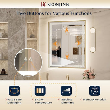 Keonjinn 40x30 Inch Gold LED Bathroom Mirror with Lights, Beveled Edge | Frontlit & Backlit, Lighted Bathroom Mirror, HD Tempered Glass, 3 Color Temperatures, Anti-fog, Stepless Dimmable
