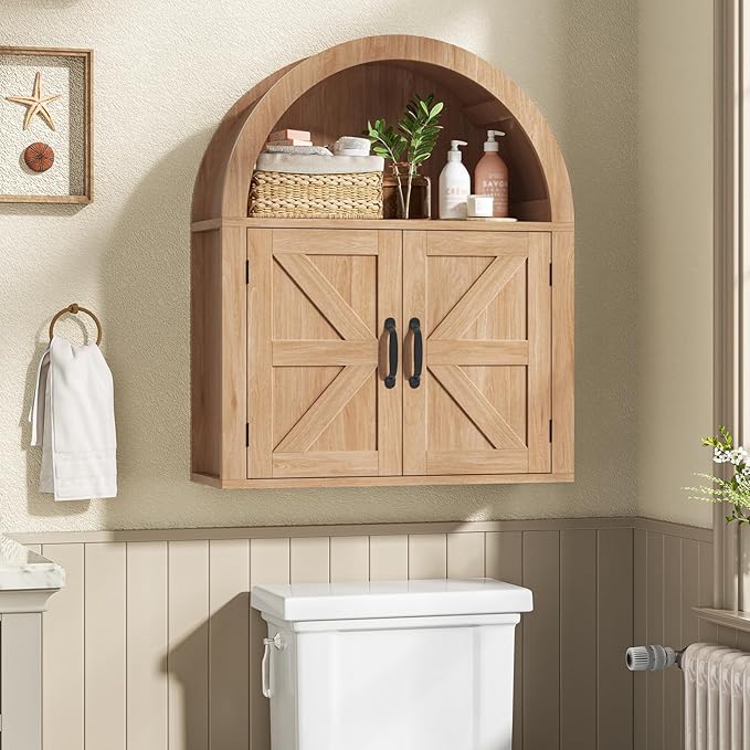 Arched Bathroom Wall Cabinet, Farmhouse Medicine Cabinet with Barn Door and with Adjustable Shelf, 23.6 x 28.7'' Wooden Storage Cabinet Wall Mounted for Bathroom Laundry Room Kitchen, Natural