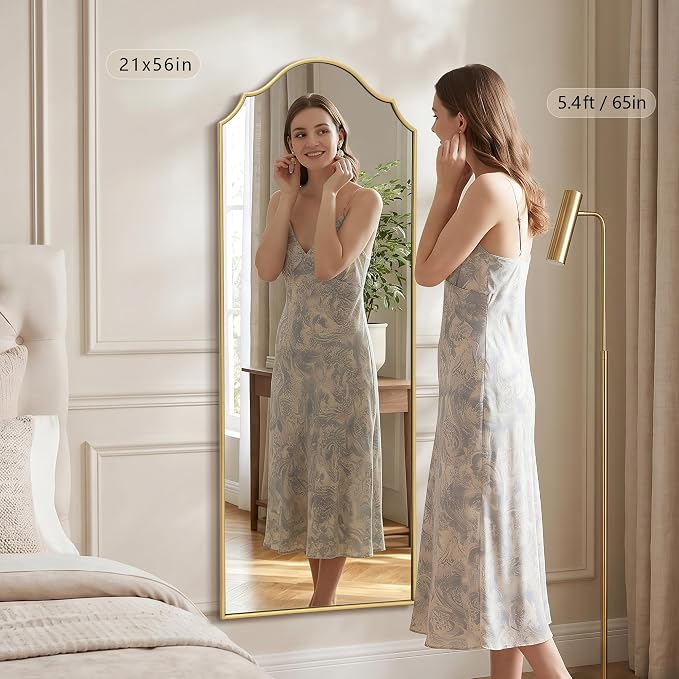 Besdomus Scalloped Full Length Mirror: 21"x56" Gold Arched Floor Mirror | Modern Minimalist Wooden Frame Body Long Mirror for Wall/Bedroom/Cloakroom/Entryway/Living Room - Home Decor for Housewife