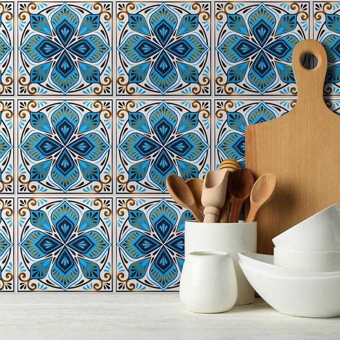 DICOFUN 32 Moroccan Tile Peel and Stick Backsplash, 6" x 6" Waterproof Mandala Stick on Wall Tiles (Style 8)