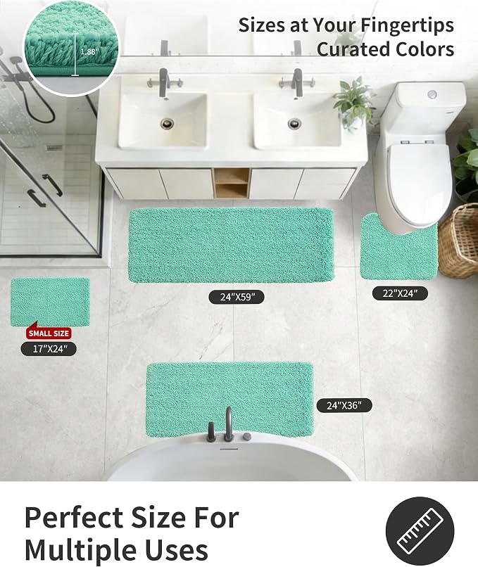 ILANGO Spa Blue Bathroom Rugs 36" × 24" Non Slip & Super Absorbent Extra Thick Soft, Washable Bath Mat for Floor, Microfiber Plush Shaggy Bath Rug with Rubber for Bathtub Shower Room Sink
