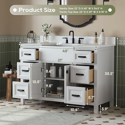 48 Inch Bathroom Vanity with Apron Farm Sink, White Farmhouse Bathroom Sink Cabinet with Soft Closing Doors & Dovetail Drawers, Single Sink Bathroom Vanity, No Assembly Required