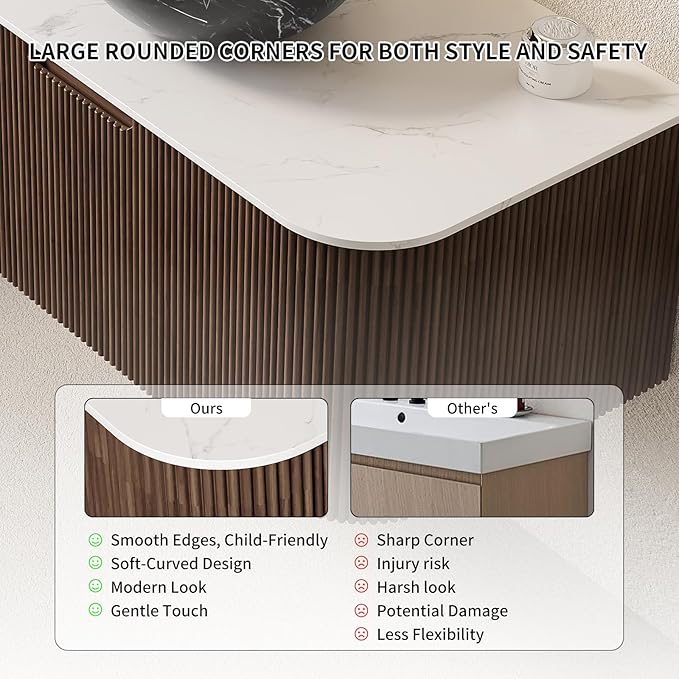 Yayzy 36" Floating Bathroom Vanity with Sink, Solid Wood Fluted Cabinet, White Marble-Patterned Ceramic Basin & Faux Marble Top, Soft-Close Drawer, Pre-Assembled, Walnut Woodgrain