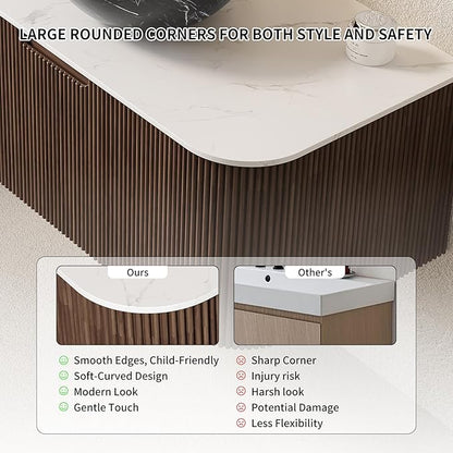 Yayzy 48" Floating Bathroom Vanity with Sink, Solid Wood Fluted Cabinet, White Marble-Patterned Ceramic Basin & Faux Marble Top, Soft-Close Drawer, Pre-Assembled, Walnut Woodgrain