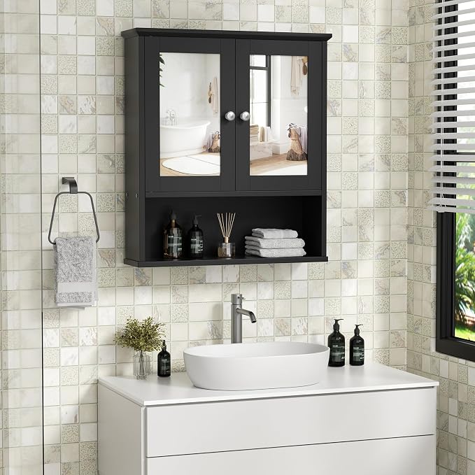 Shintenchi Bathroom Medicine Cabinet with Mirror, Wall Mounted, Black | Over The Toilet Cupboard, Adjustable Shelf, Open & Concealed Storage, 2 Magnet Doors, Space-Saving, Easy to Clean