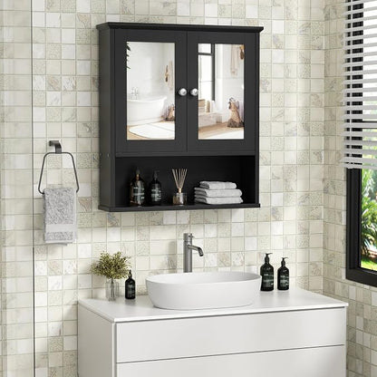 Shintenchi Bathroom Medicine Cabinet with Mirror, Wall Mounted, Black | Over The Toilet Cupboard, Adjustable Shelf, Open & Concealed Storage, 2 Magnet Doors, Space-Saving, Easy to Clean