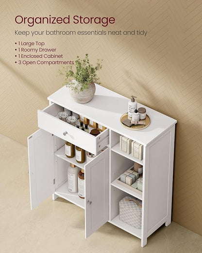 VASAGLE Floor Storage Cabinet with Drawer, Freestanding Cabinet with Doors, 3 Open Compartments, Adjustable Shelves, 11.8 x 29.5 x 31.5 Inches, for Bathroom, Living Room, Cloud White UBBC142W01