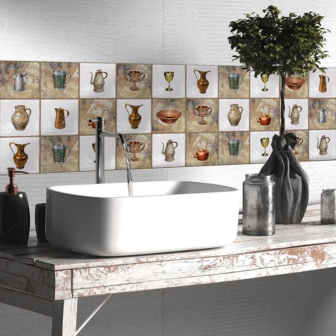 Alwayspon Vinyl Sticker Peel and Stick, Self-Adhesive Wall Tile Transfers Backsplash Sticker Decal for Kitchen Bathroom, 6x6inch/15x15cm 30Pcs, Pots T043