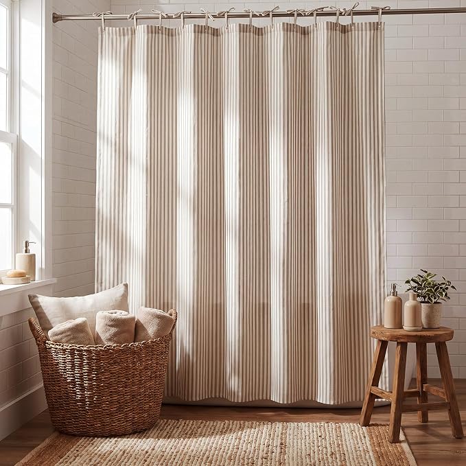 Mindsoft Stripe Cotton Toile Shower Curtain Ticking Stripes Woven Print Curtain Bathroom Decor for Traditional Contemporary Style Kitchen Bath (Brown and White,72 x 72 Inches,Stripe& Bow Knot Ties)