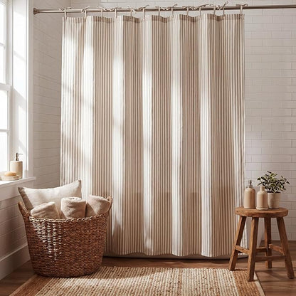 Mindsoft Stripe Cotton Toile Shower Curtain Ticking Stripes Woven Print Curtain Bathroom Decor for Traditional Contemporary Style Kitchen Bath (Brown and White,72 x 72 Inches,Stripe& Bow Knot Ties)