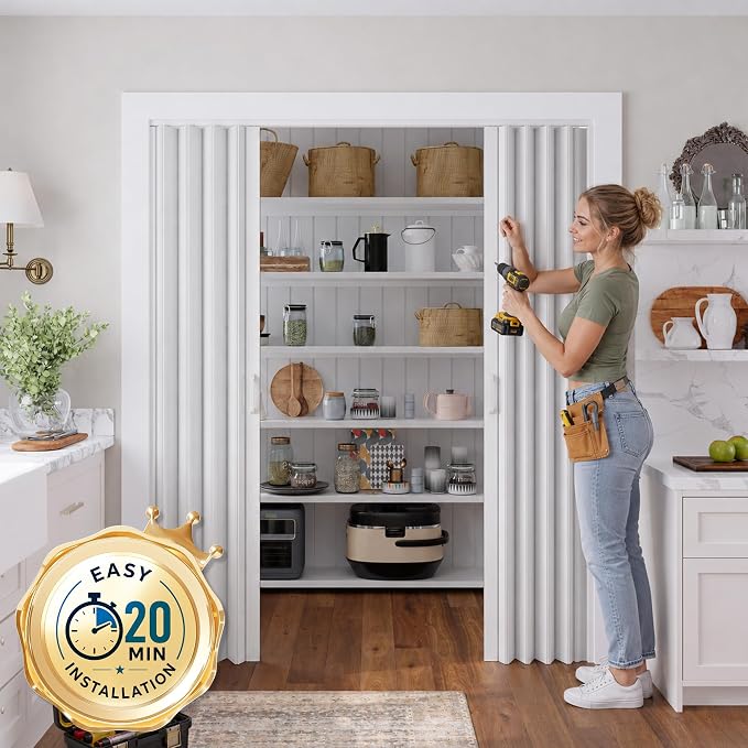 SmartStandard 64x80in Double Accordion Doors Interior, Double Walled, White | Easy to Assemble, Save Space, PVC Accordion Folding Doors for Closet Doorway Basement, with Track and Hardware