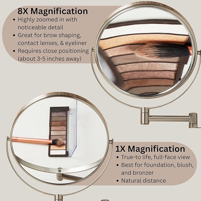 Jerdon Wall-Mounted Magnifying Mirror - Bathroom Makeup Mirror with 8X Magnification - 8-Inch Diameter - Nickel Finish - Model JP7808N