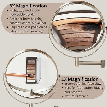 Jerdon Wall-Mounted Magnifying Mirror - Bathroom Makeup Mirror with 8X Magnification - 8-Inch Diameter - Nickel Finish - Model JP7808N