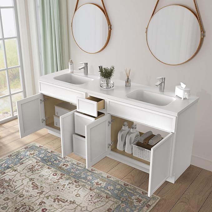 HomeBeyond 84 Inches Bathroom Vanity Base Cabinet Without Sink, Double Sink Top Sturdy Floor Mounted Cabinet with Door & Soft Closing Drawers, White, VA4136-2+VA4112-3
