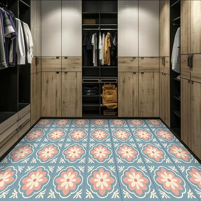 Retro Blue Pink Flower Peel and Stick Floor Tiles 12x12 Inch 10PCS | Retro blue pink cream flower tile pattern vinyl floor stickers for kitchen bathroom entryway and indoor home decor