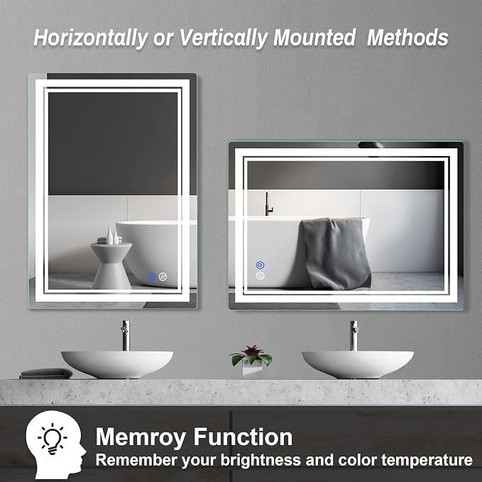 28"x 20" LED Bathroom Mirror Vanity Mirror | Anti-Fog+Dimmable+Color Temperature Adjustable+Switch-held Memory Led Wall Mirror for Bathroom, Vanity (Vertical/Horizontal)