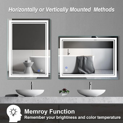28"x 20" LED Bathroom Mirror Vanity Mirror | Anti-Fog+Dimmable+Color Temperature Adjustable+Switch-held Memory Led Wall Mirror for Bathroom, Vanity (Vertical/Horizontal)