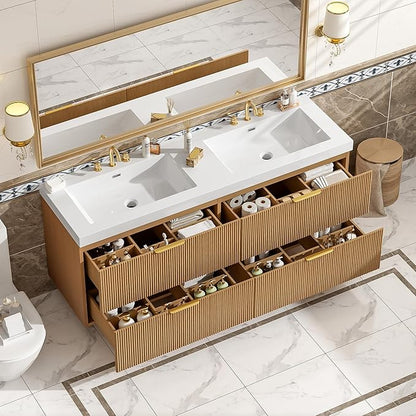 60" Bathroom Vanity with Sink Combo, Floating Double Sink Bathroom Vanity with SMC Resin Top, MDF Cabinet with 4 Drawer, Wall-Mounted Bath Room Vanities for Large Bathrooms (60''-Wood-4)