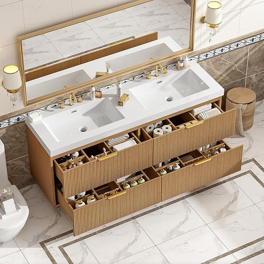 60" Bathroom Vanity with Sink Combo, Floating Double Sink Bathroom Vanity with SMC Resin Top, MDF Cabinet with 4 Drawer, Wall-Mounted Bath Room Vanities for Large Bathrooms (60''-Wood-4)