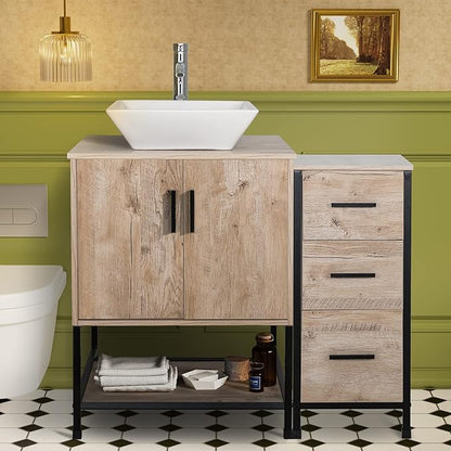 UEV 36" Bathroom Vanity, Oak Color Bathroom Vanity Set with Sink and 3 Drawers Side Cabinet Combo, with Adjustable Water Temperature Faucet (A07)