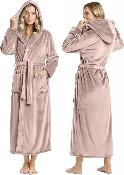 NY Threads Women's Fleece Hooded Bathrobe Plush Long Spa Robe, Medium