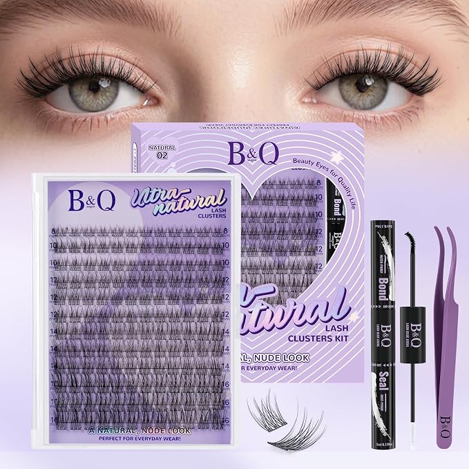 B&Q Wispy Lash Clusters Kit, Natural 02, Individual False Eyelashes Extension Set, Undetectable Natural Look for Effortless Day-to-Night Beauty, from Office Elegance to Date Night Glamour(8-16mix)
