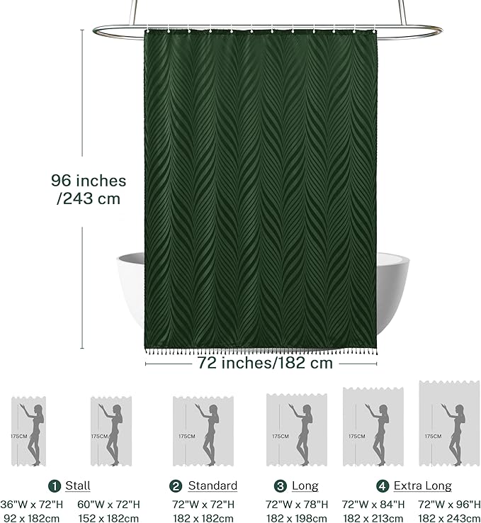Extra Long Shower Curtain Dark Green 96 Inch Shower Curtain Boho Woven Fabric Tufted Leaves Textured Shower Curtains for Bathroom