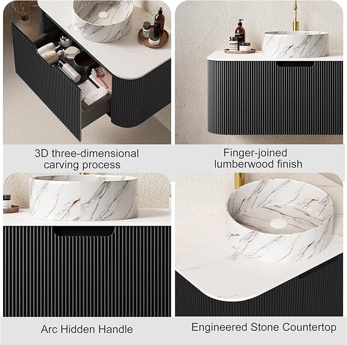 30 Inch Floating Bathroom Vanity with Sink, Natural Solid Wood Modern Bathroom Vanities with Ultra-Thin Marble Sink and Countertop, Soft-Close Design, Pre-Assembled, Black