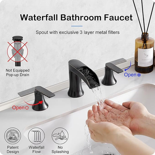 Oil Rubbed Bronze Waterfall Bathroom Faucet 2 Handle, 8 Inch Widespread Bathroom Sink Faucet 3 Hole with Supply Lines, Brass Material for Vanity, Lavatory, Restroom, Farmhouse, NO Pop-up Drain
