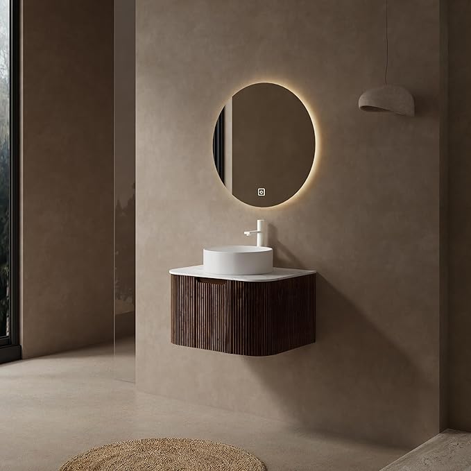 24'' Bathroom Vanities Cabinet with Sink Combo, Wall Mounted Floating Cabinet W/Curved Edges Stripes, Oak Plywood, Soft-close System with a Drawer, White Round Ceramic Basin - Kiel, Dark Walnut