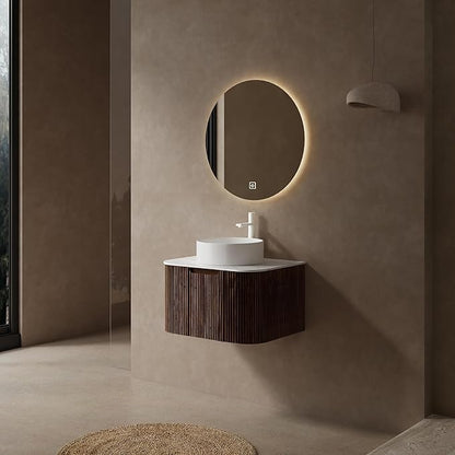 24'' Floating Vanity with Sink Combo, Modern Wall-Mounted Curved Edges Striped Bathroom Storage Cabinet with Soft-Close Drawer and White Artificial Marble Basin, Dark Walnut