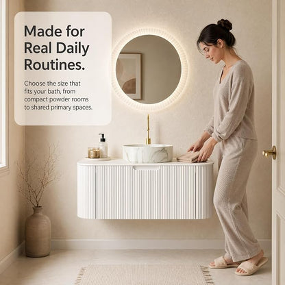 36 Inch Bathroom Vanity with Sink, Floating Wall Mounted Single Sink Vanity, White Curved Fluted Front, Stone Top, Marble-Look Round Vessel Basin, Pre-Assembled